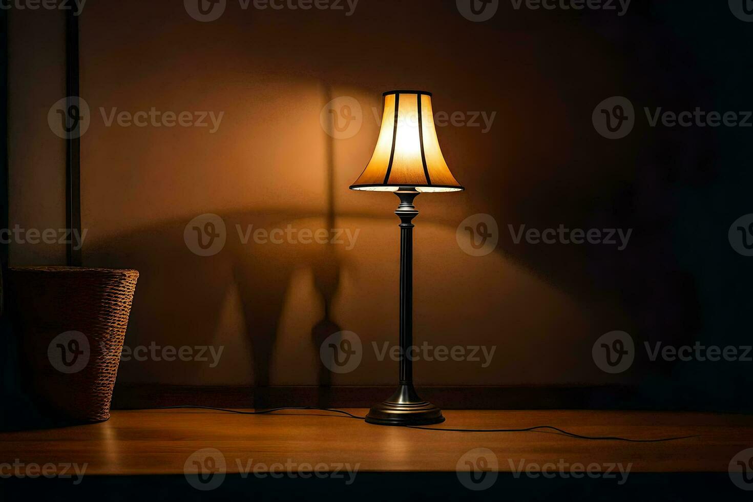 a lamp on a table in the dark. AI-Generated photo