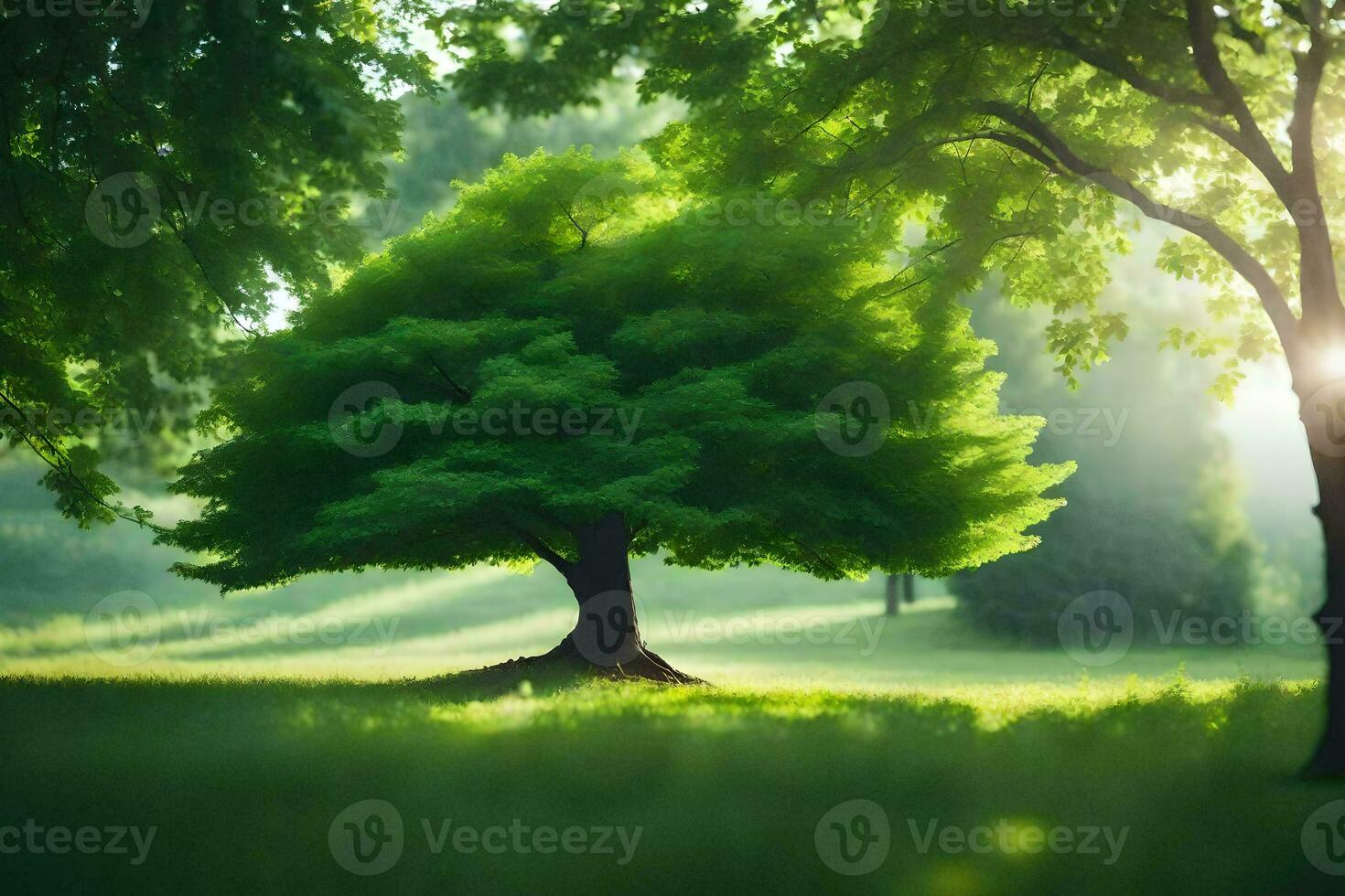 a tree in the middle of a green field. AI-Generated photo