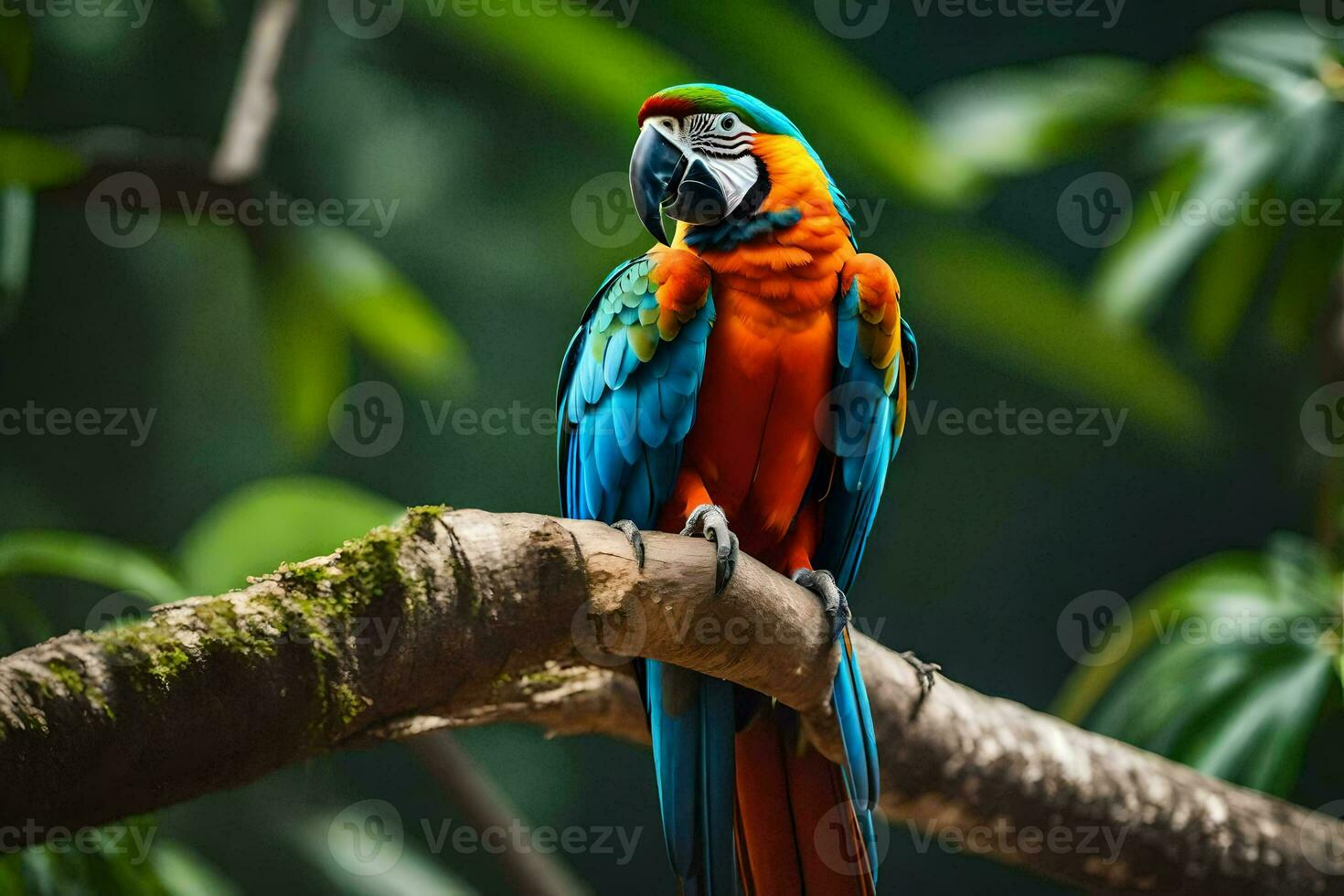 a colorful parrot sits on a branch. AI-Generated photo