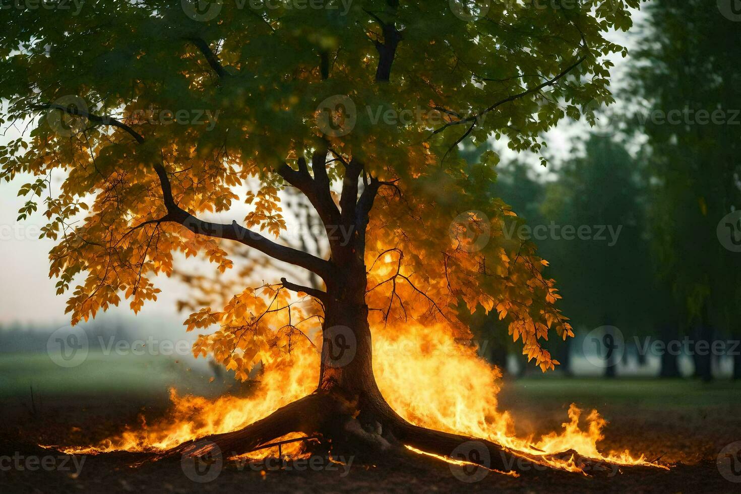 a tree with flames coming out of it. AI-Generated photo