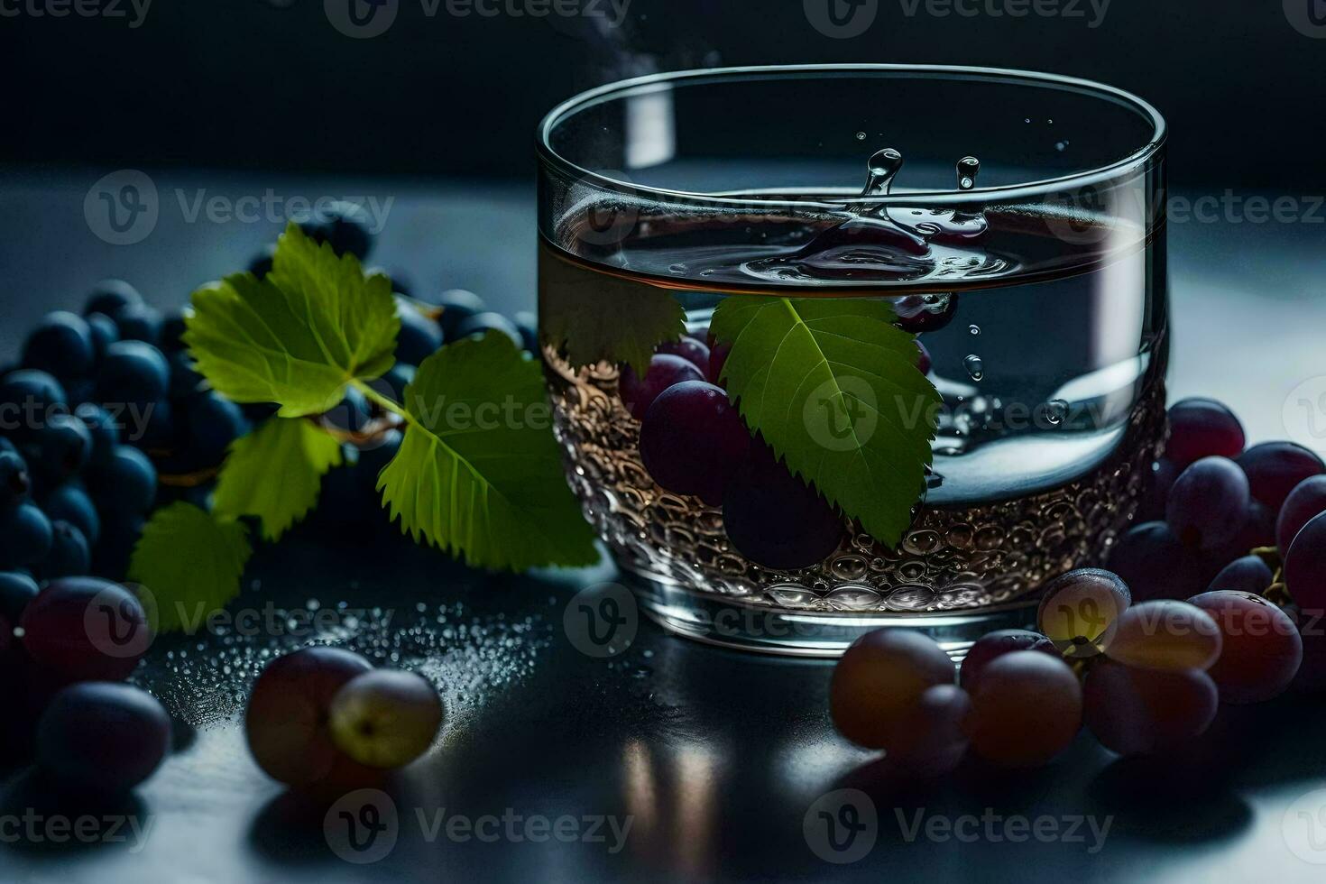 a glass of water with grapes and leaves. AI-Generated photo