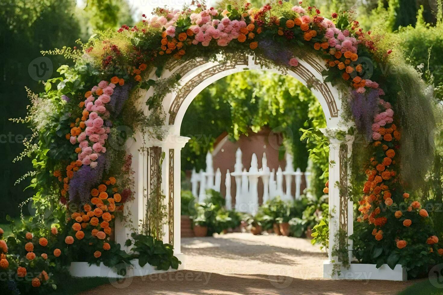 an archway with flowers and greenery. AI-Generated photo