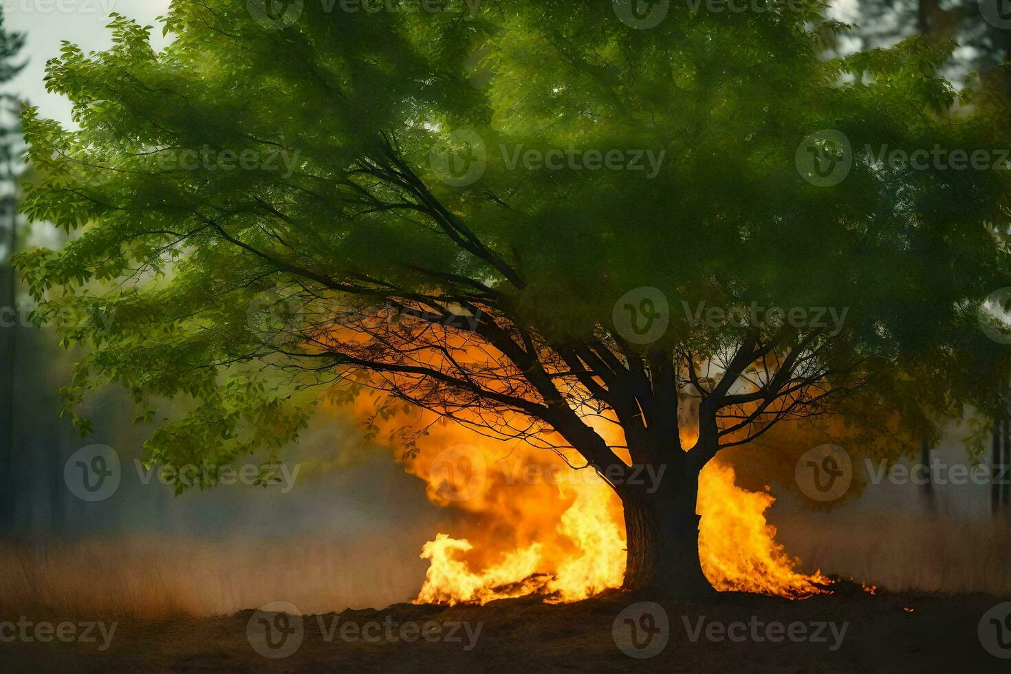 a tree is burning in the middle of a field. AI-Generated photo