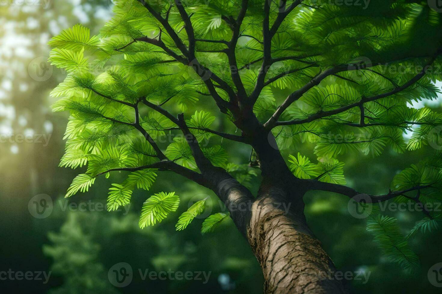 a tree with green leaves in the sunlight. AI-Generated photo