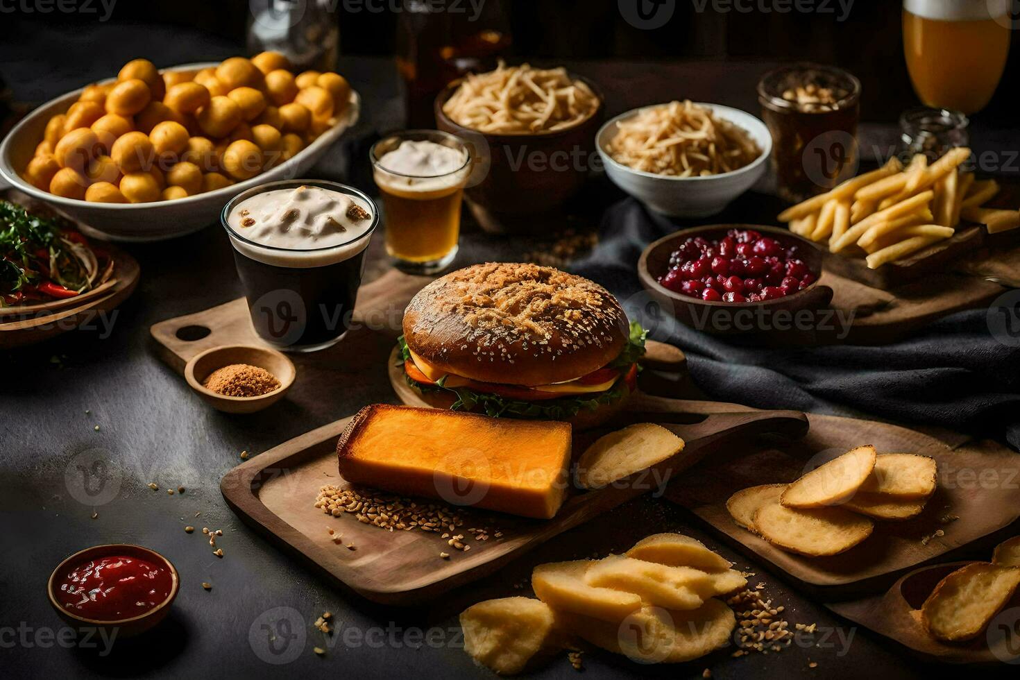 a table with food and drinks on it. AI-Generated photo