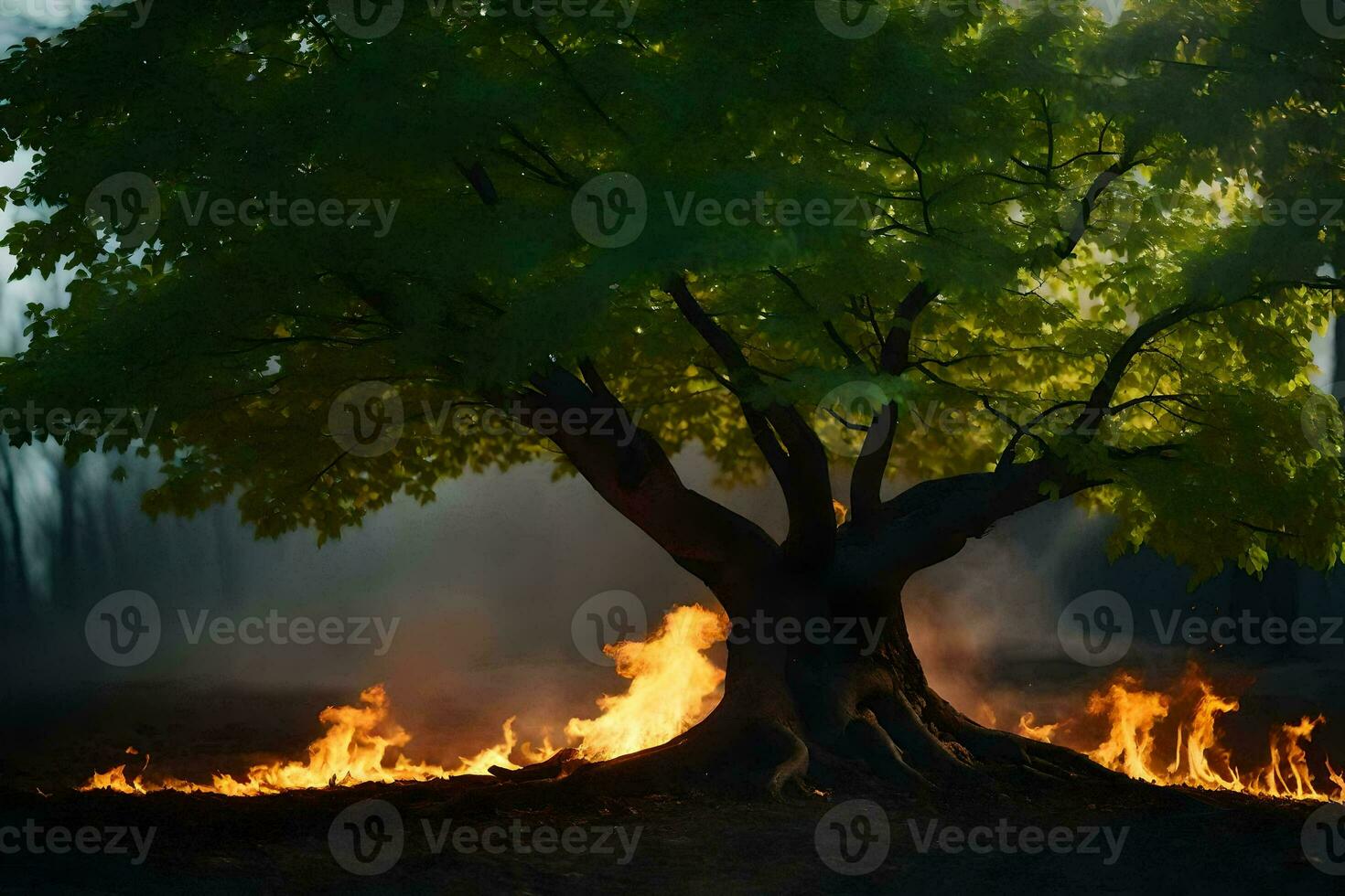a tree with flames coming out of it in the middle of a forest. AI-Generated photo