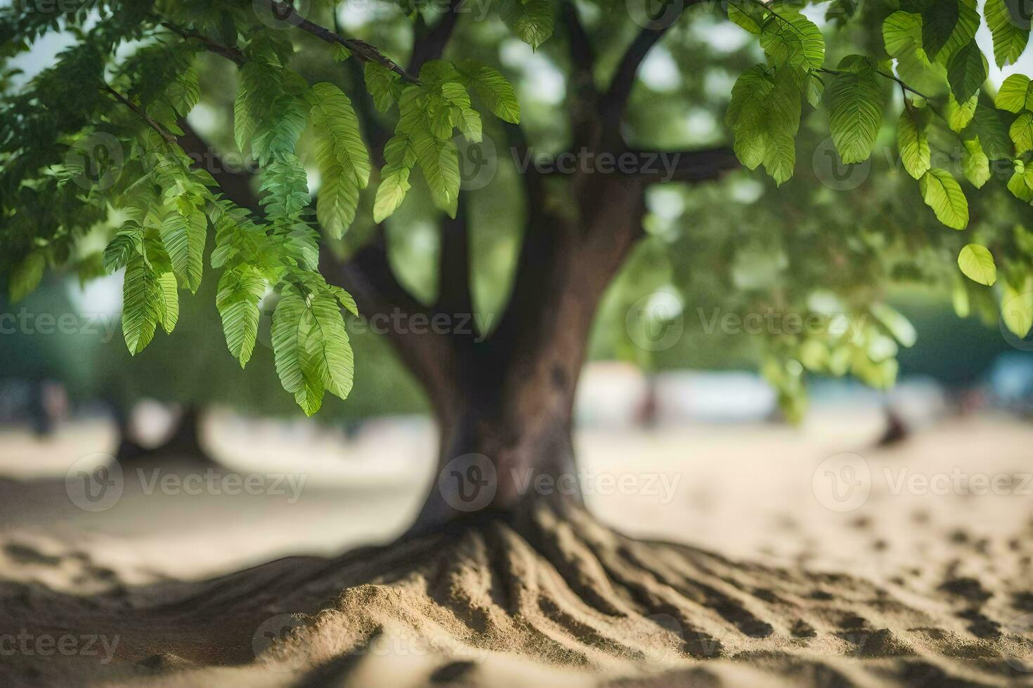 a tree with roots growing out of the sand. AI-Generated photo