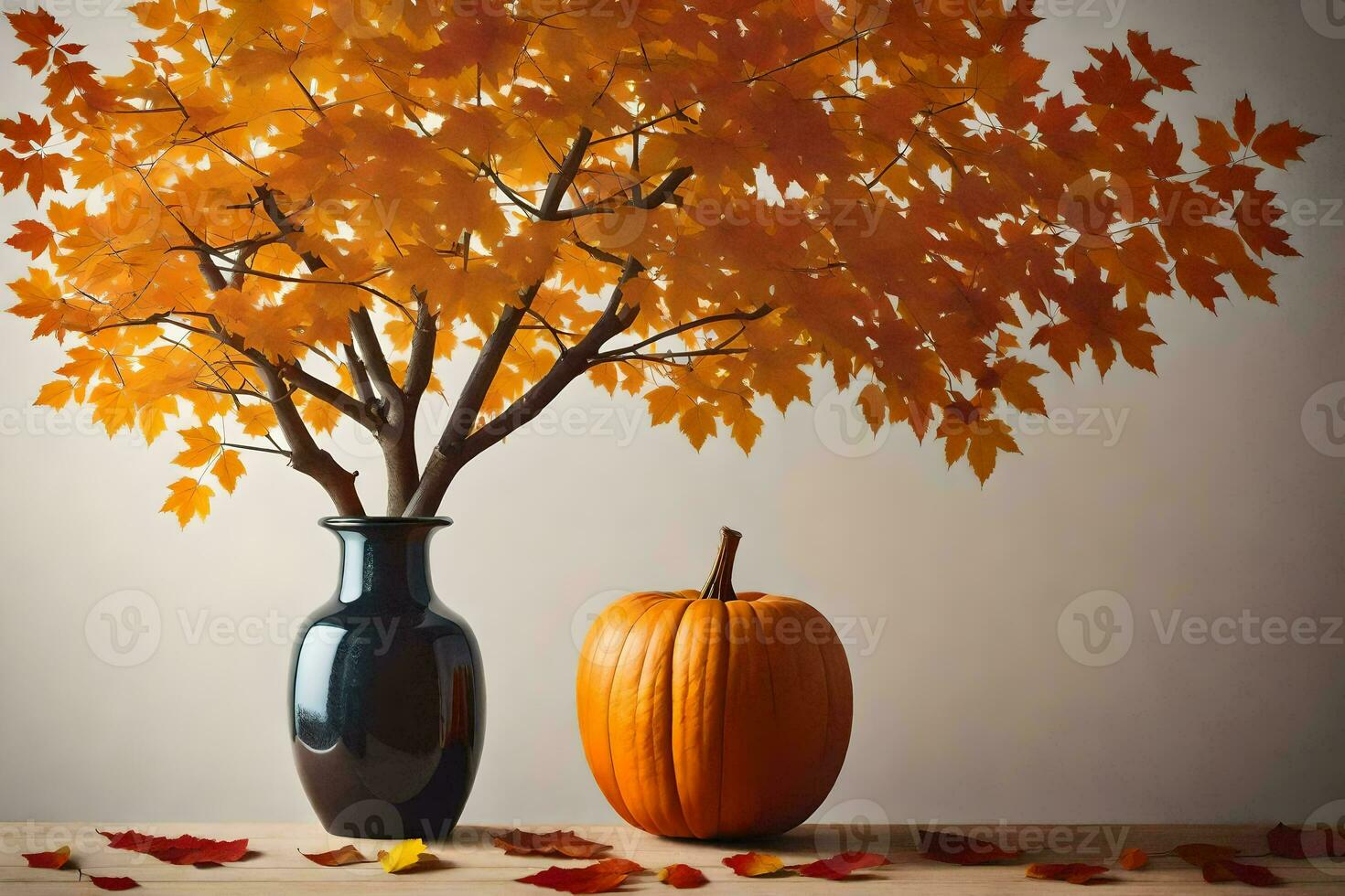 a vase with a pumpkin and maple leaves on a table. AI-Generated photo