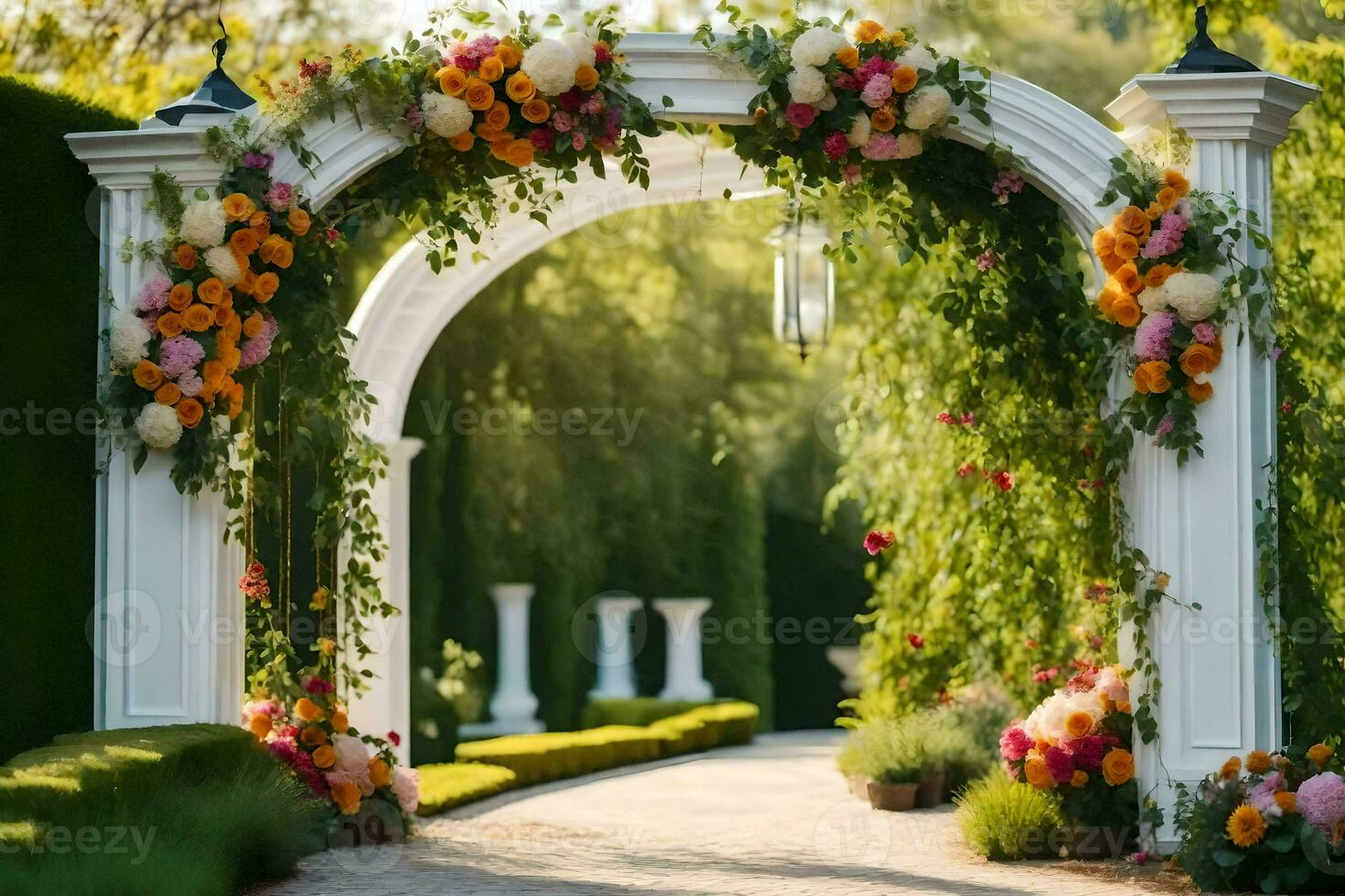 an archway with flowers and greenery. AI-Generated photo