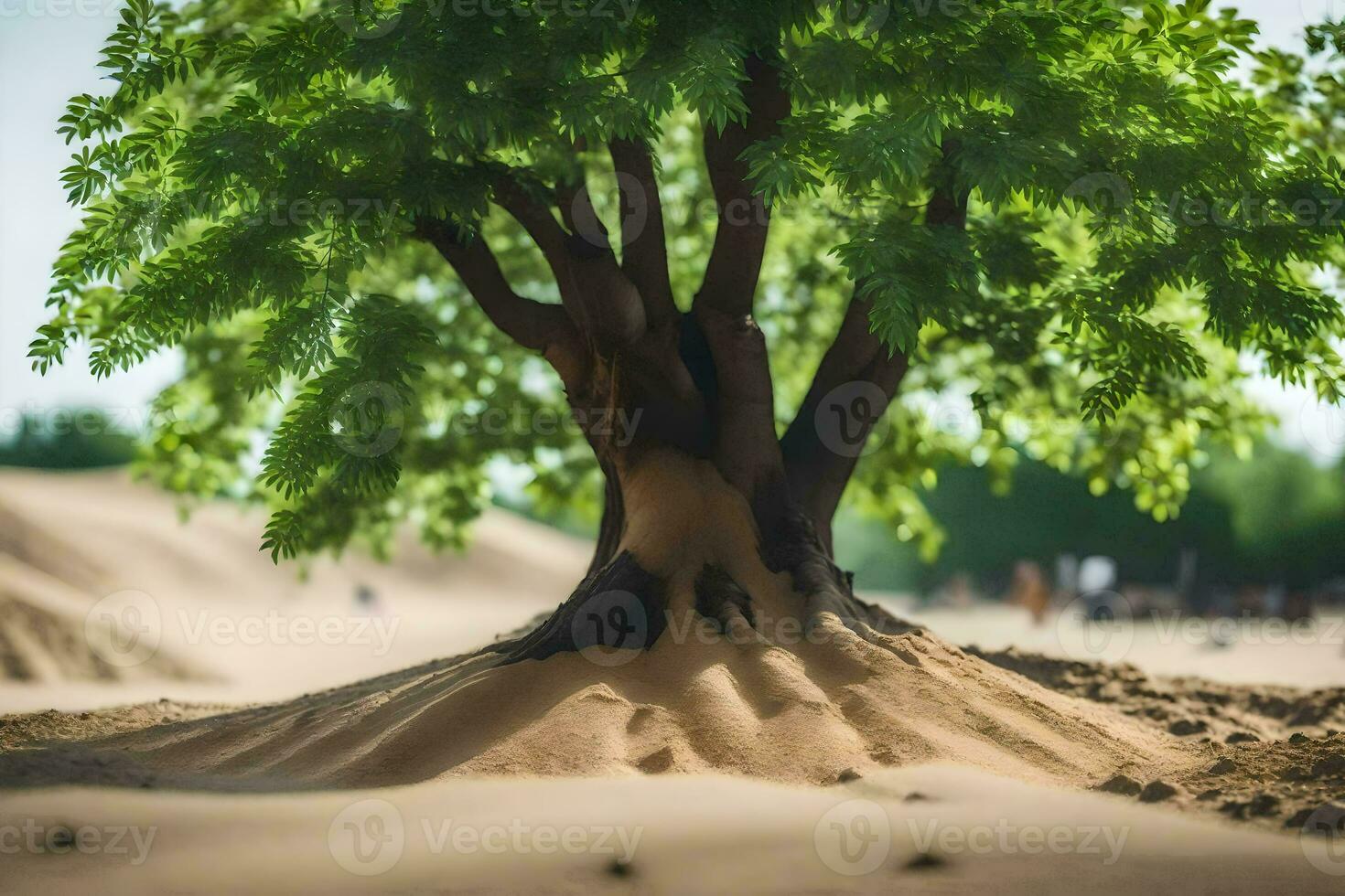 a tree in the desert with sand and people. AI-Generated photo