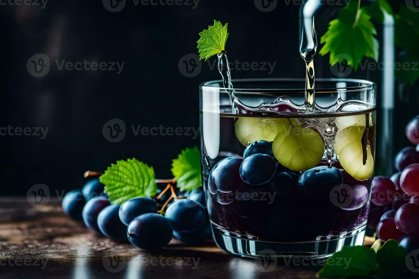 a glass of wine with grapes and leaves. AI-Generated photo