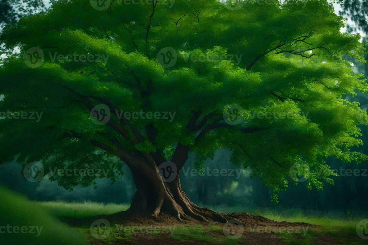 a large tree in the middle of a field. AI-Generated photo