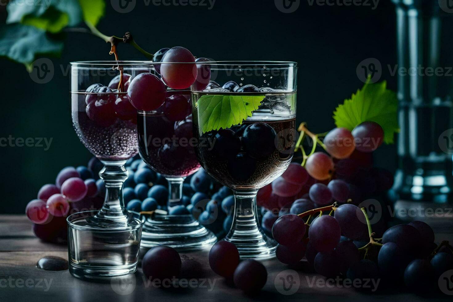 grapes and wine in glasses on a table. AI-Generated photo