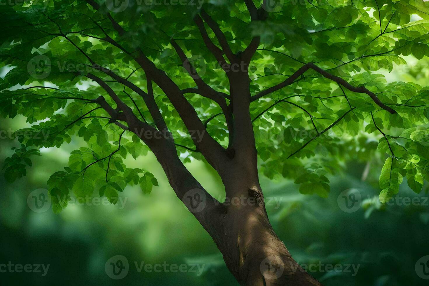 a tree with green leaves in the middle of a forest. AI-Generated photo
