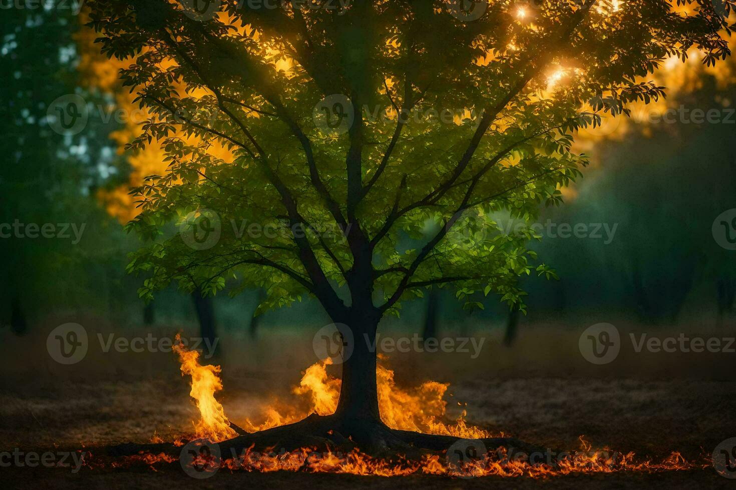 a tree with flames coming out of it in the middle of a field. AI-Generated photo