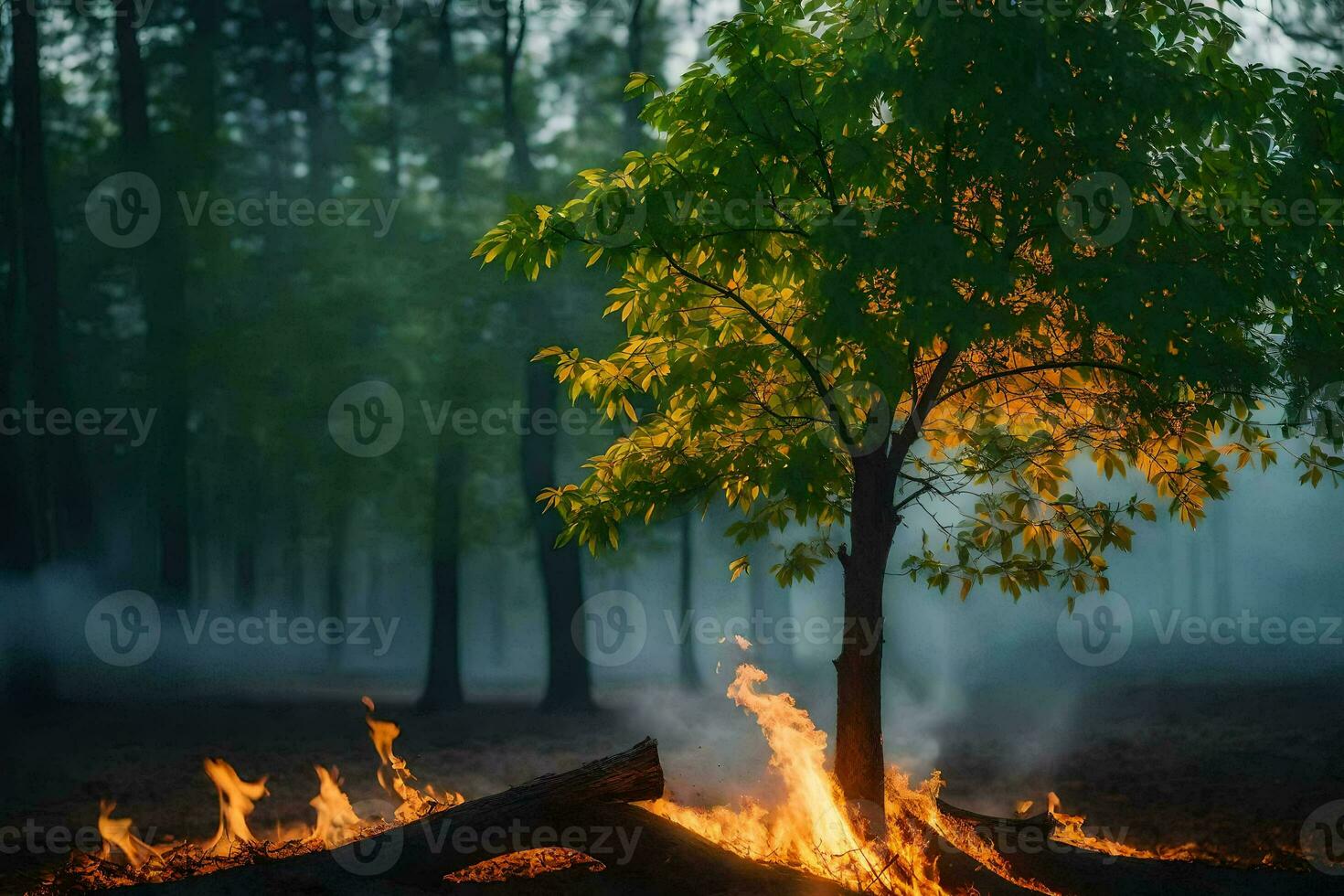 a tree is burning in the middle of a forest. AI-Generated photo