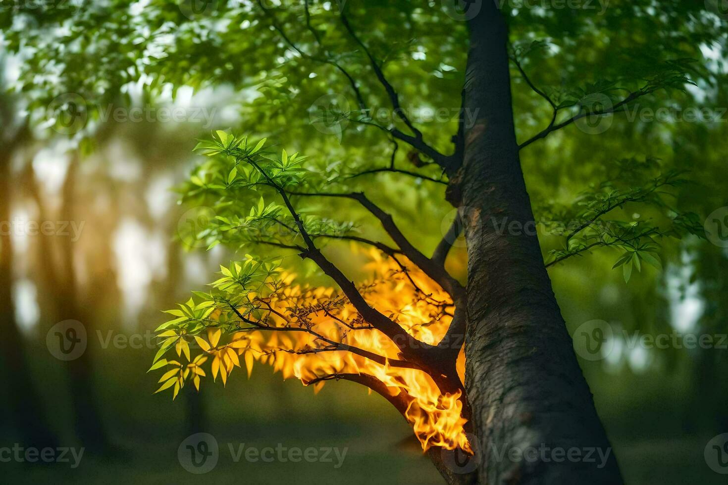 a tree with fire coming out of it in the middle of the forest. AI-Generated photo
