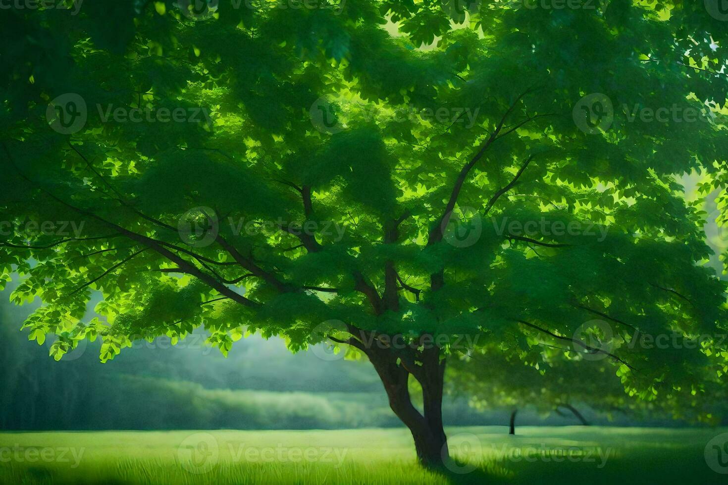 un árbol en el medio de un verde campo. generado por ai foto