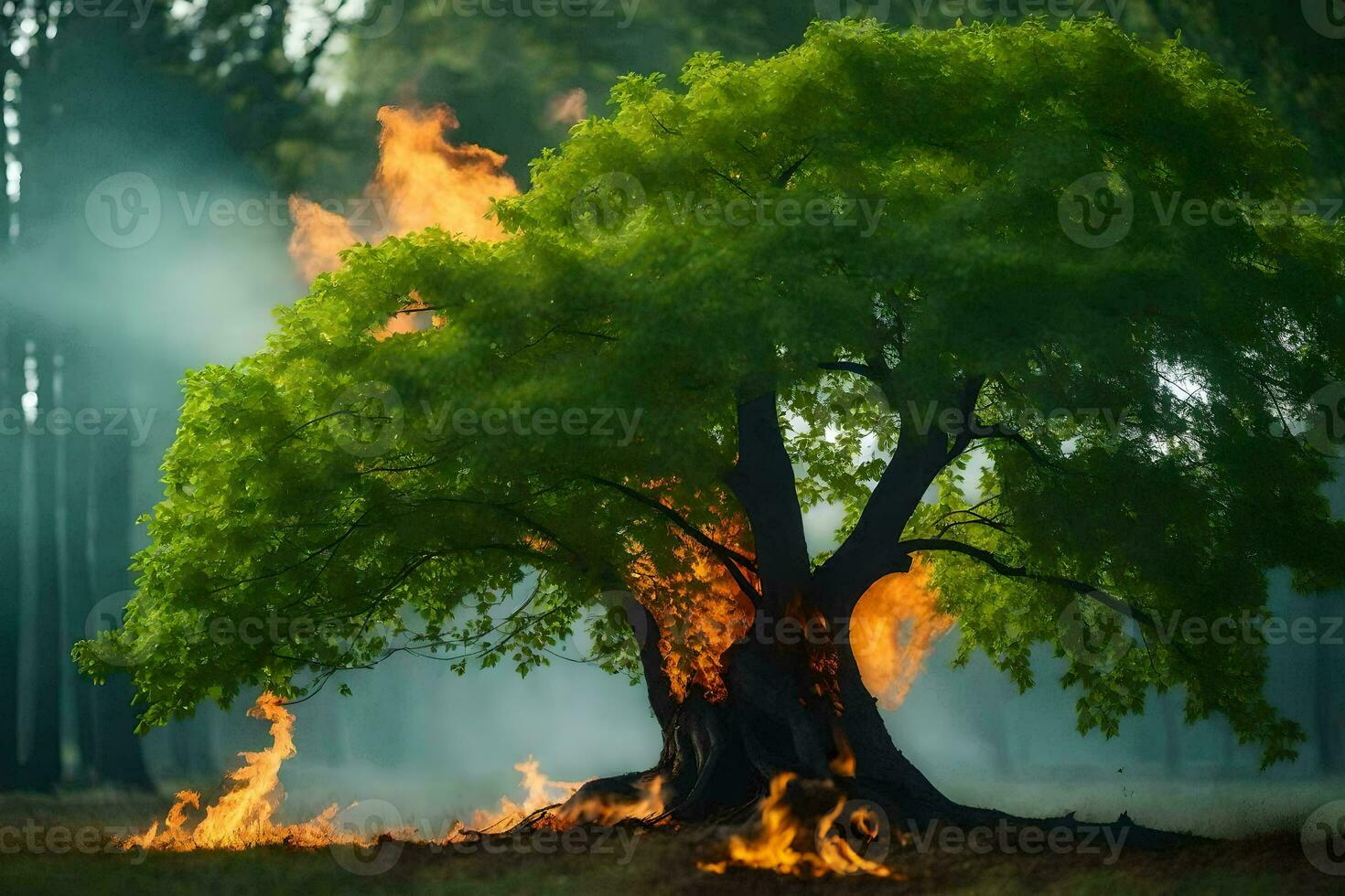 a tree is burning in the middle of a forest. AI-Generated photo