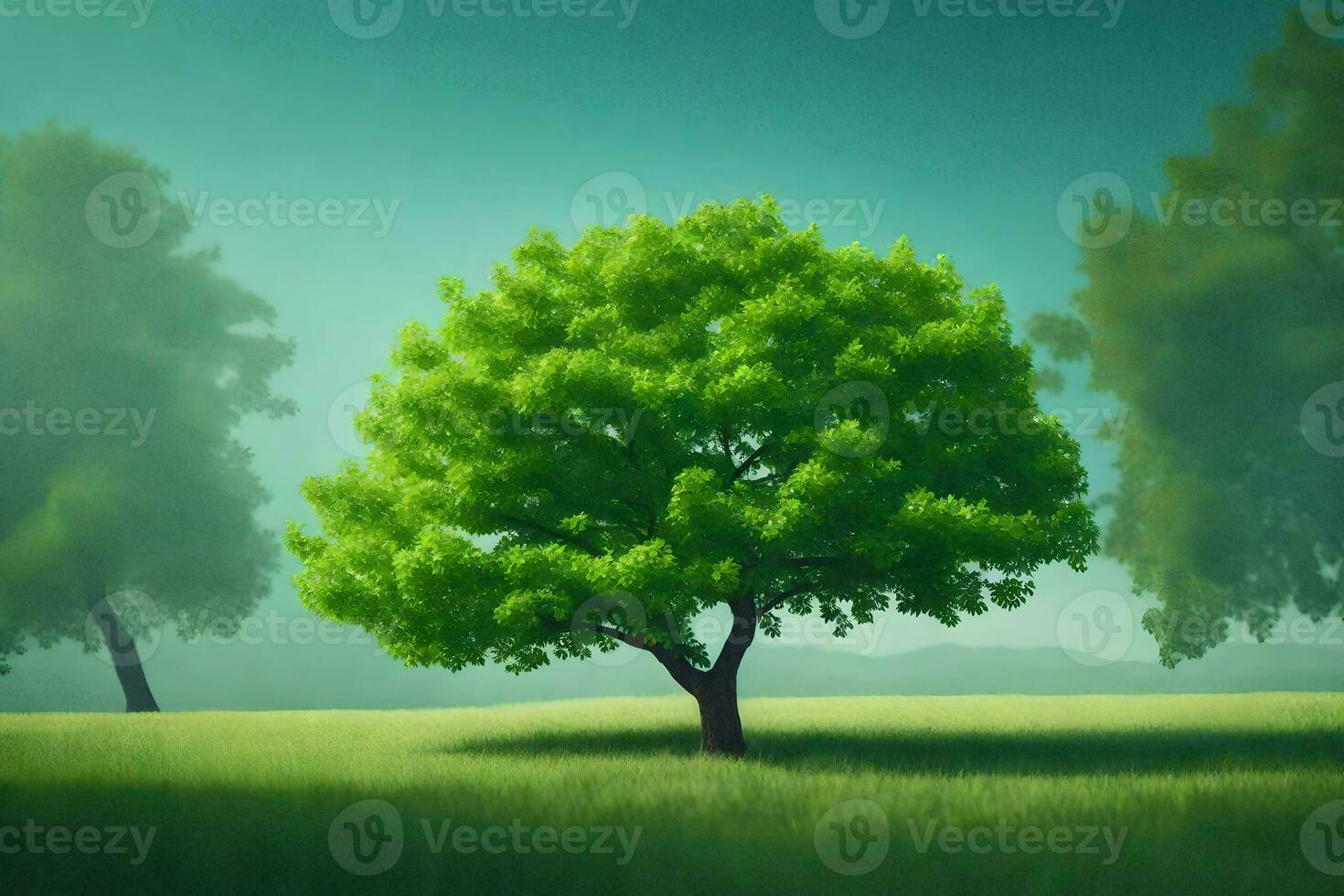 un árbol en un campo con un azul cielo. generado por ai foto