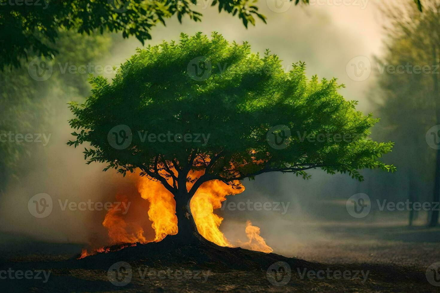 a tree is burning in the middle of a forest. AI-Generated photo