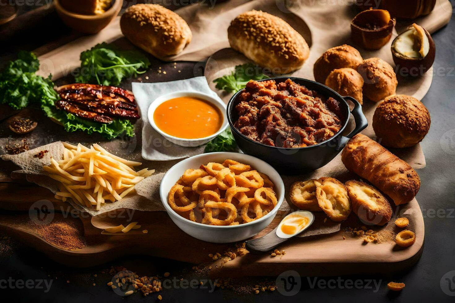 a variety of food on a wooden board. AI-Generated photo