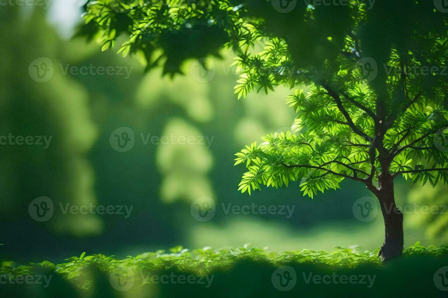 a small tree in the middle of a green field. AI-Generated photo