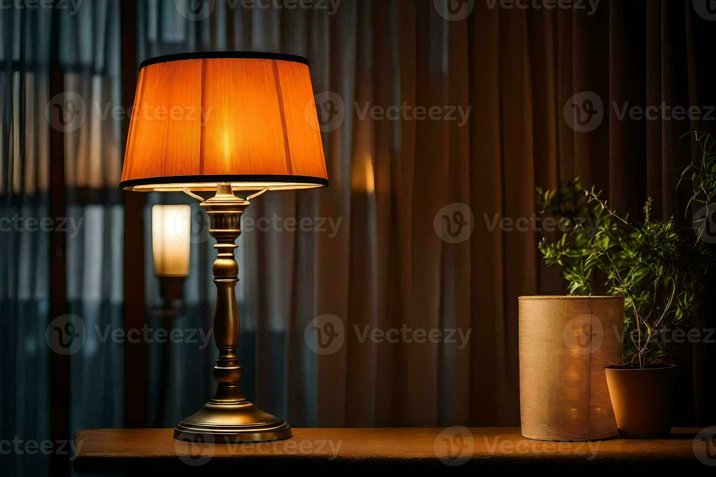 un lámpara en un mesa en frente de un ventana. generado por ai foto