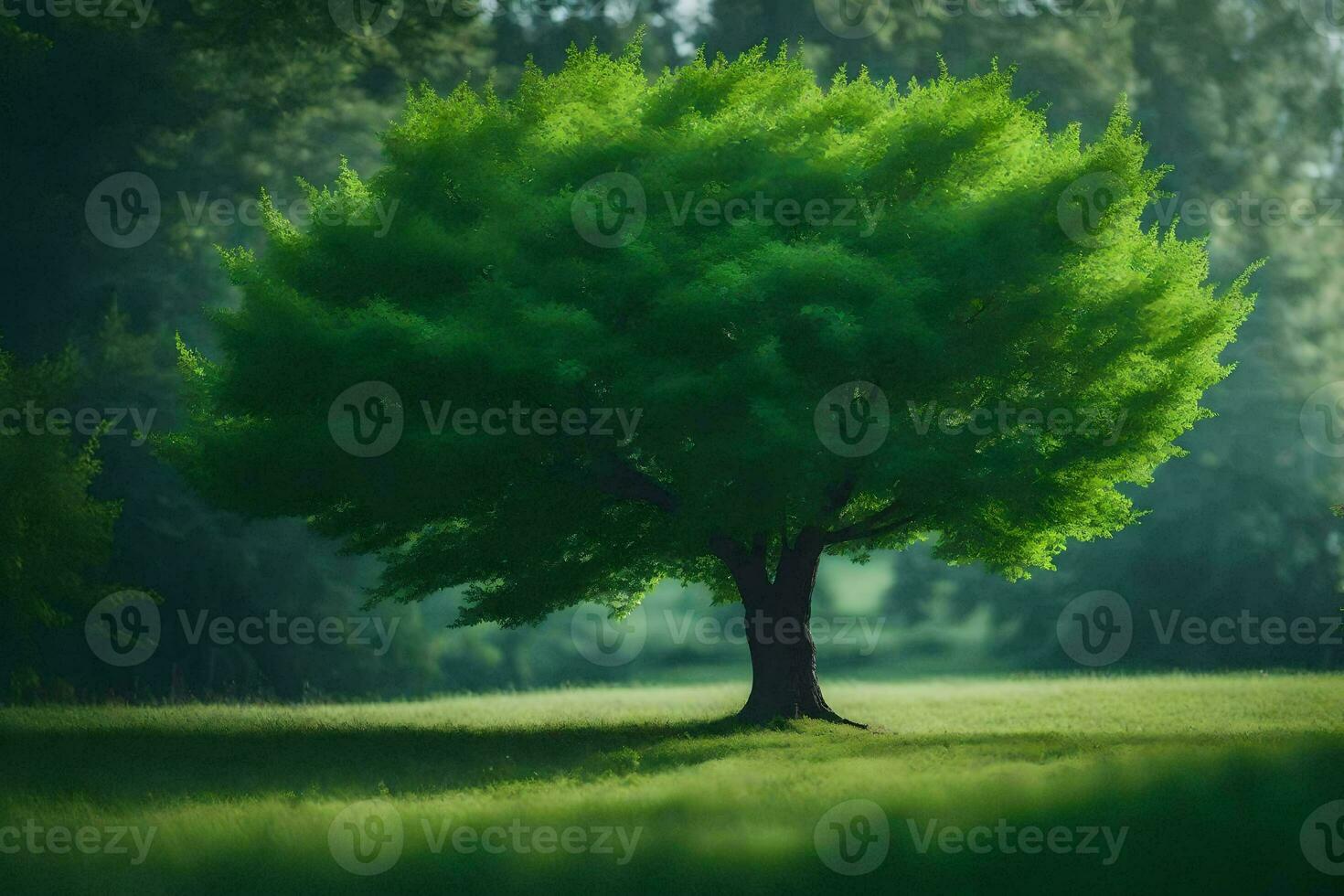 a lone tree in a green field. AI-Generated photo