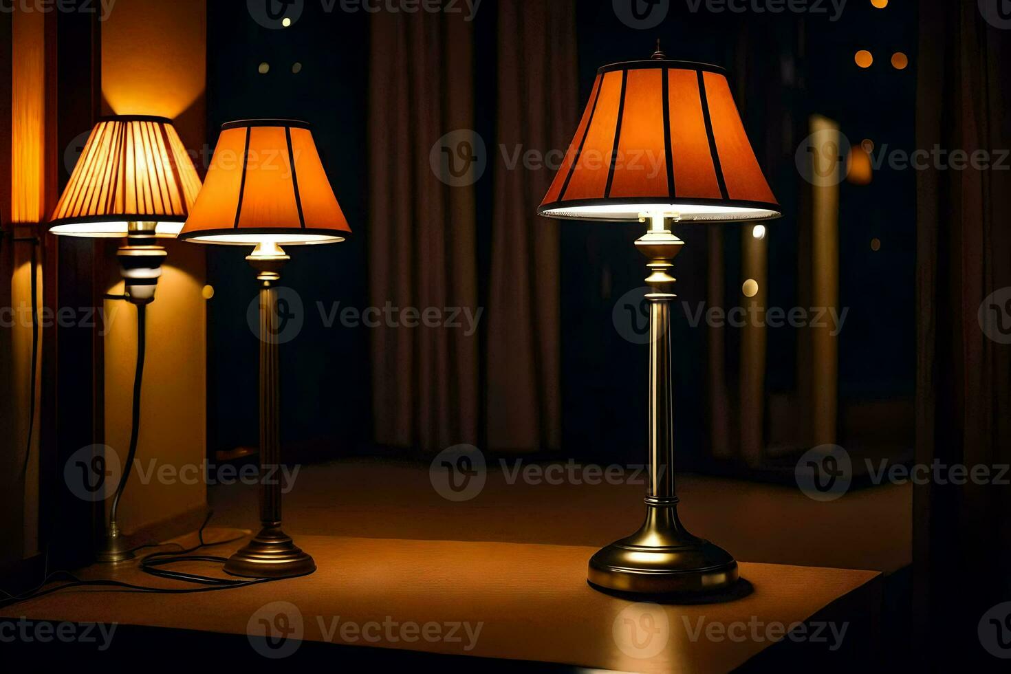two lamps are sitting on a table in a dark room. AI-Generated photo