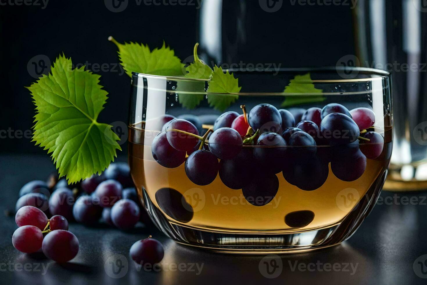 a glass of wine with grapes and leaves. AI-Generated photo