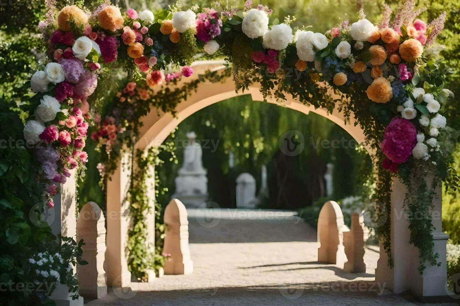 a wedding arch with flowers and greenery. AI-Generated photo