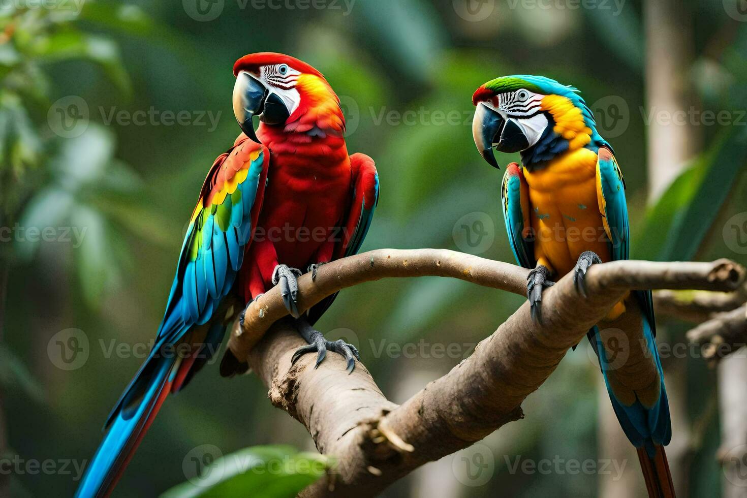 two colorful parrots sitting on a branch. AI-Generated photo