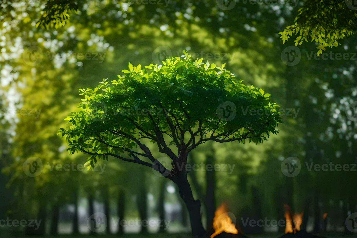 a tree in the middle of a forest with a fire. AI-Generated photo
