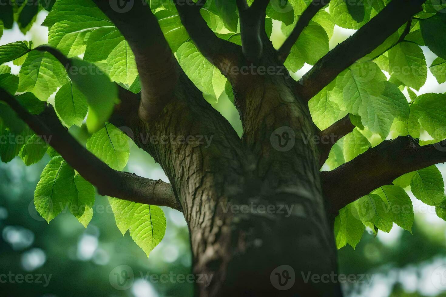 a tree with green leaves and a bright sun. AI-Generated photo