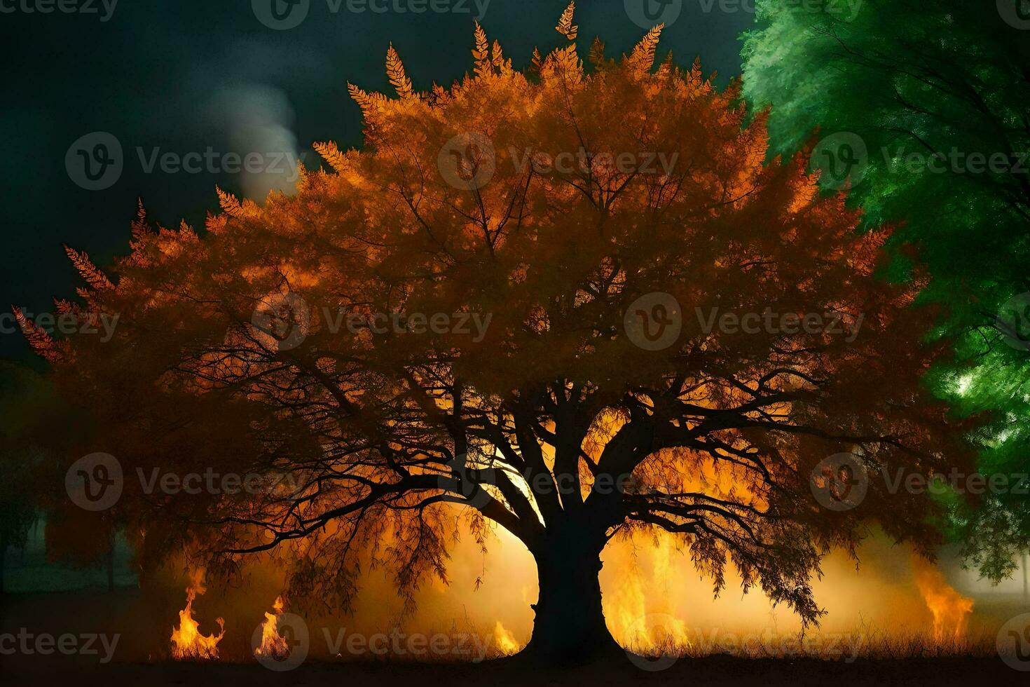 a tree with flames coming out of it in the dark. AI-Generated photo