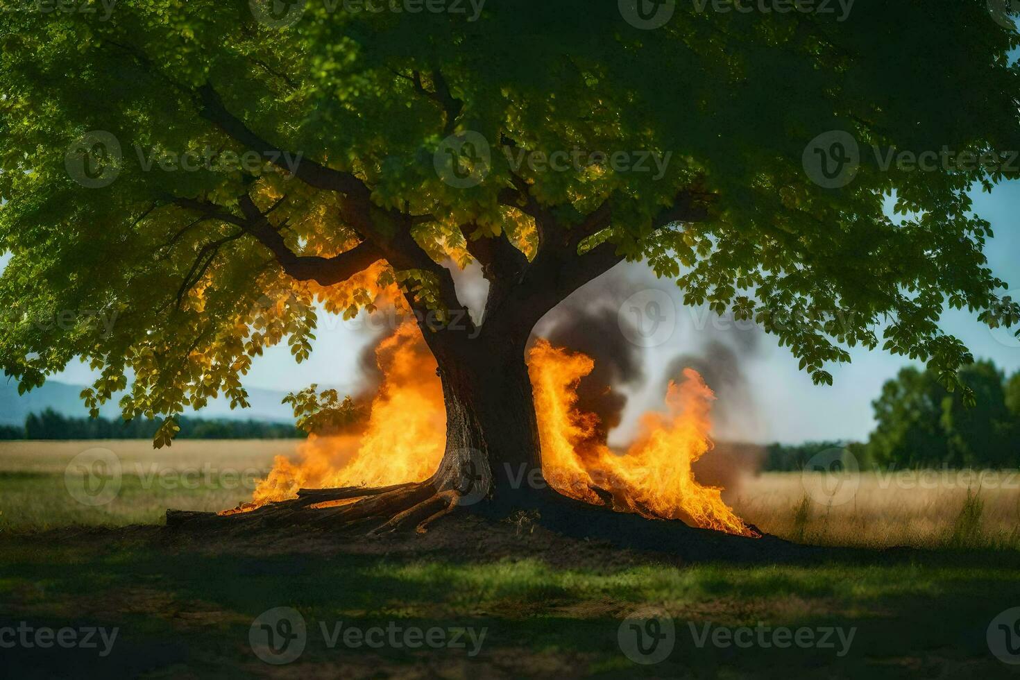 a tree with fire coming out of it in the middle of a field. AI-Generated photo