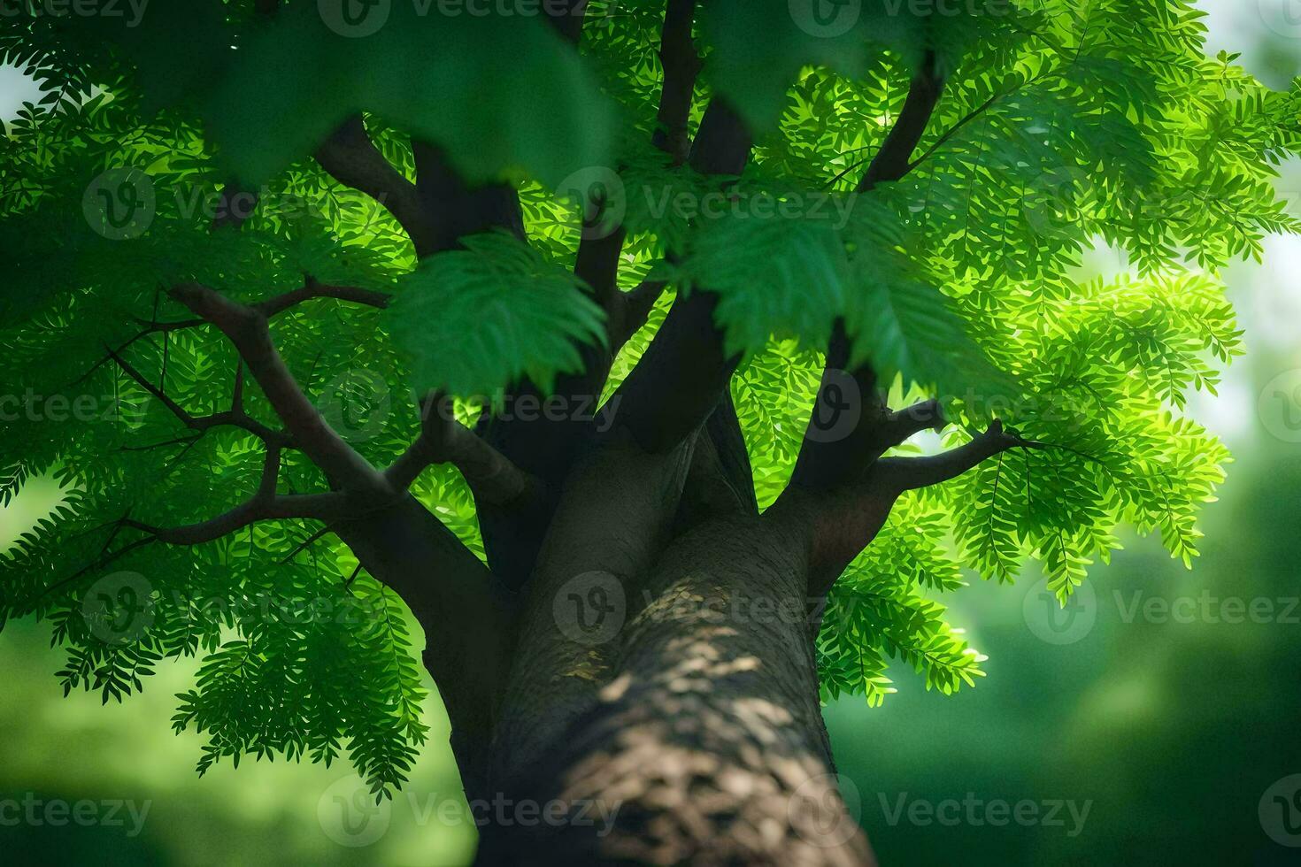 a tree with green leaves in the forest. AI-Generated photo