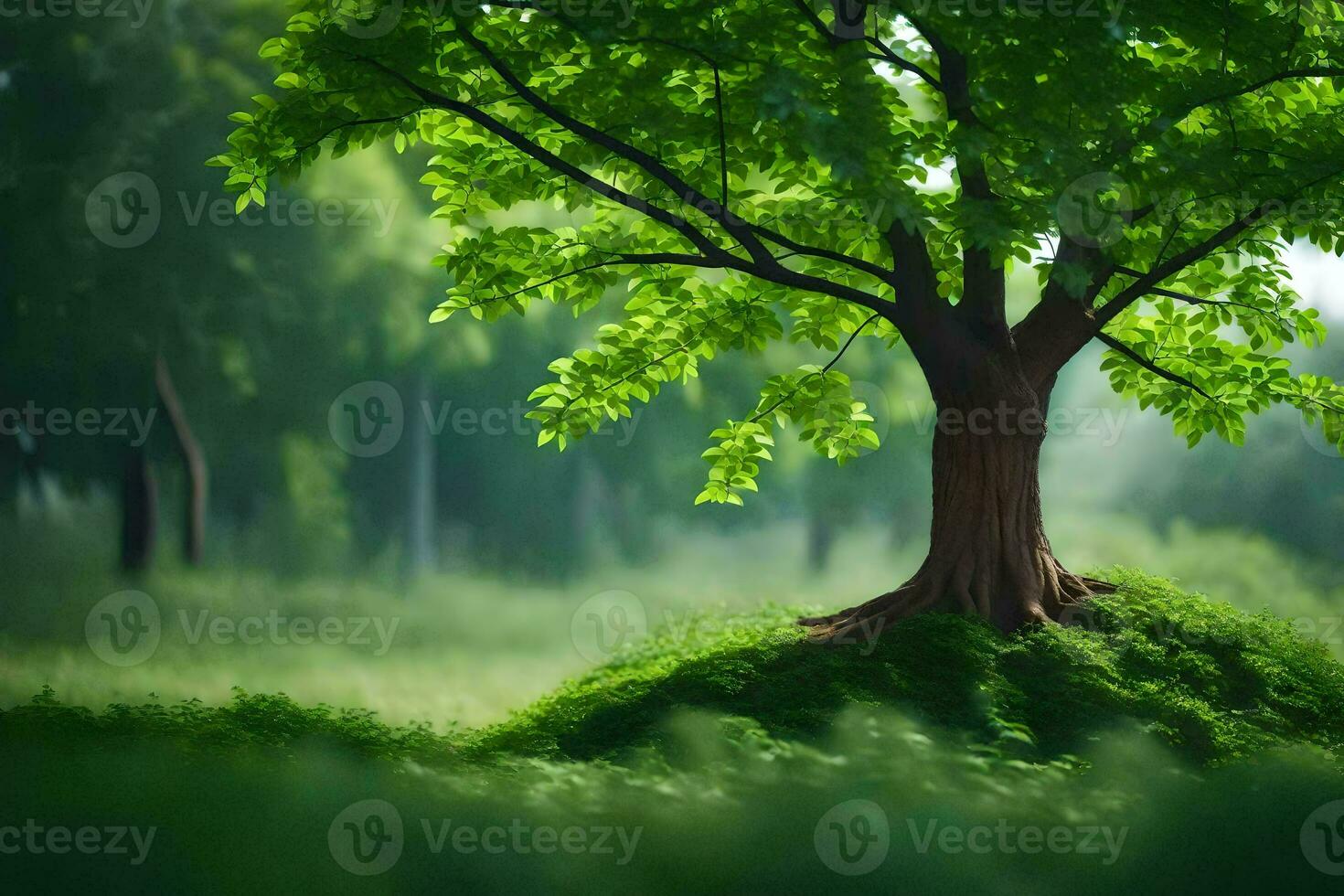 a tree is standing in the middle of a green field. AI-Generated photo
