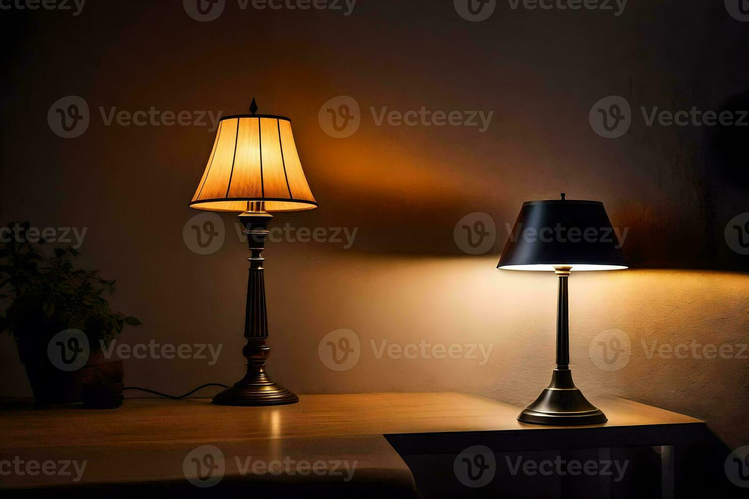 two lamps on a table in the dark. AI-Generated photo
