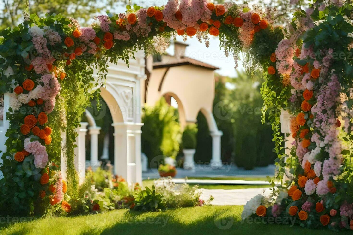 an archway with flowers and greenery in front of a house. AI-Generated photo