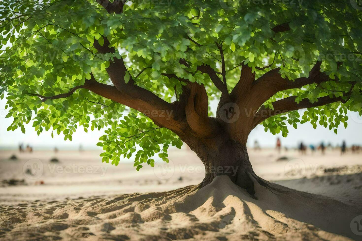 a tree on the beach with sand in the background. AI-Generated photo