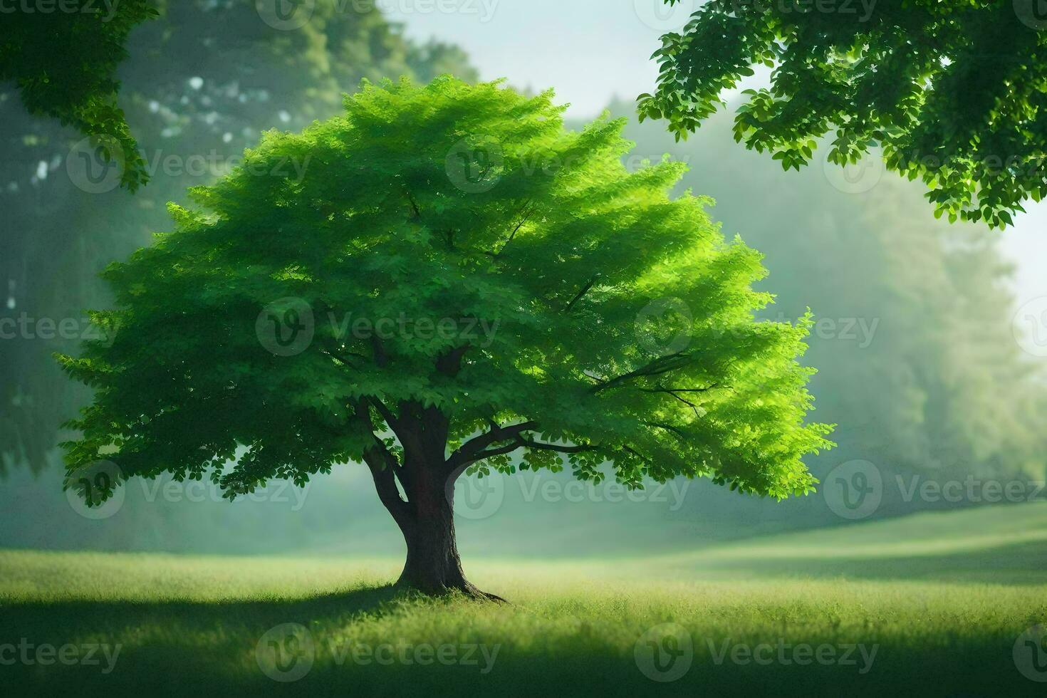 a tree in the middle of a field. AI-Generated photo