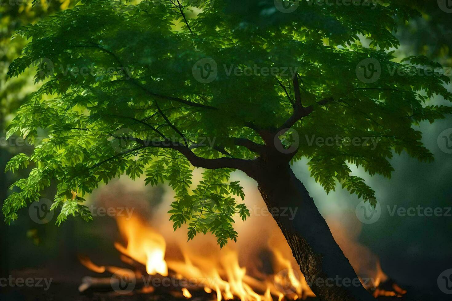 a tree with flames and smoke in the background. AI-Generated photo