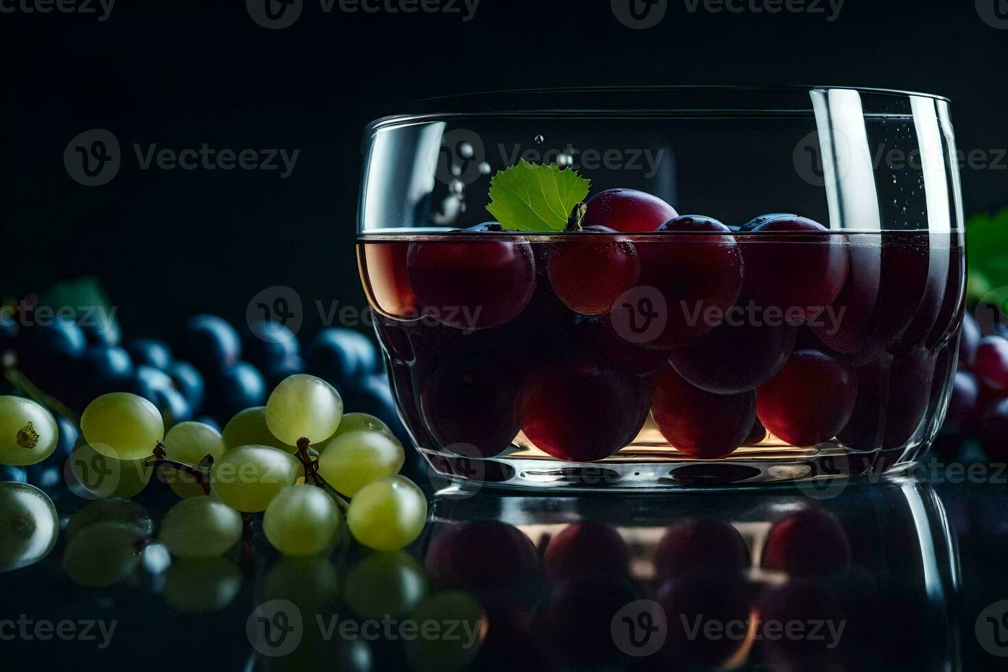 a glass of red wine with grapes on a black background. AI-Generated photo