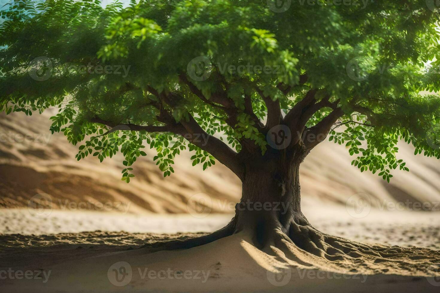 a tree in the desert with sand dunes in the background. AI-Generated photo