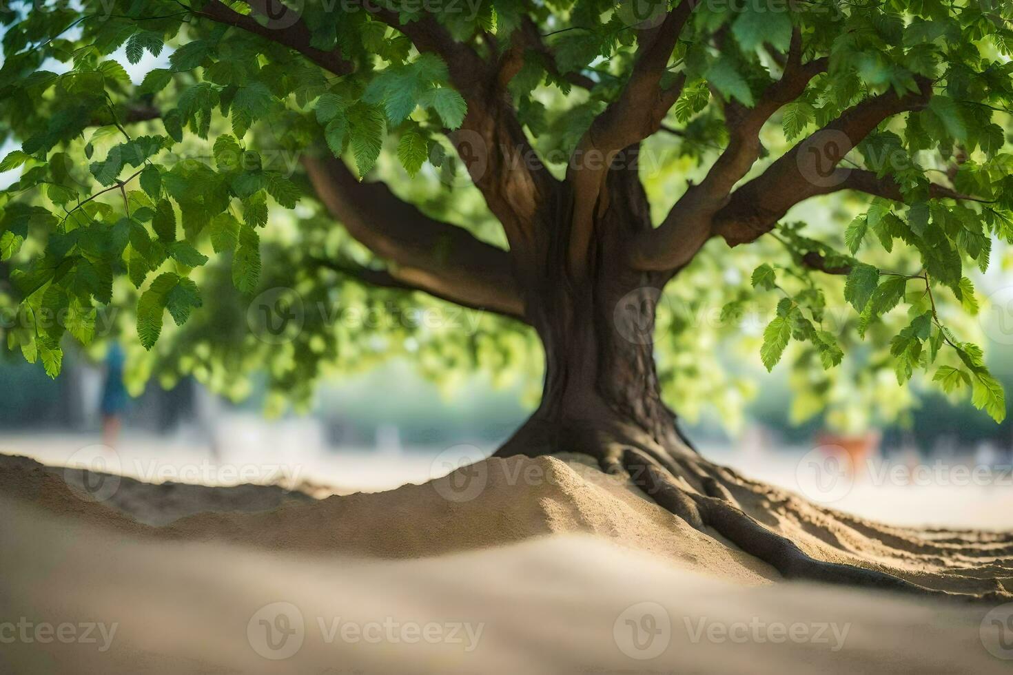 a tree with roots growing out of the sand. AI-Generated photo