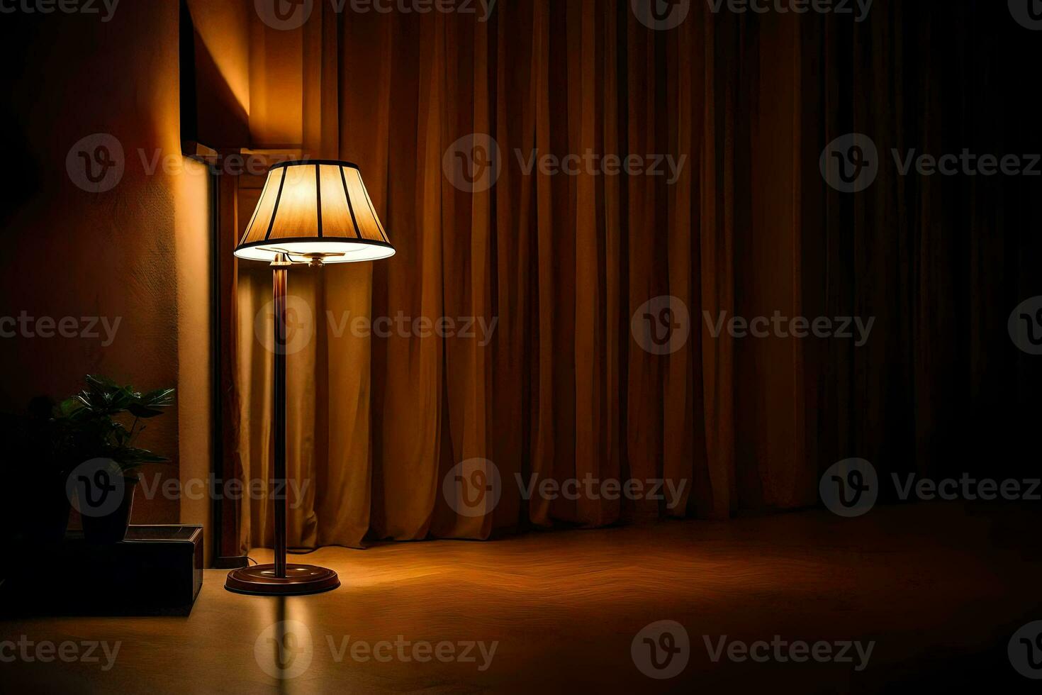 a lamp on a table in front of a curtain. AI-Generated photo