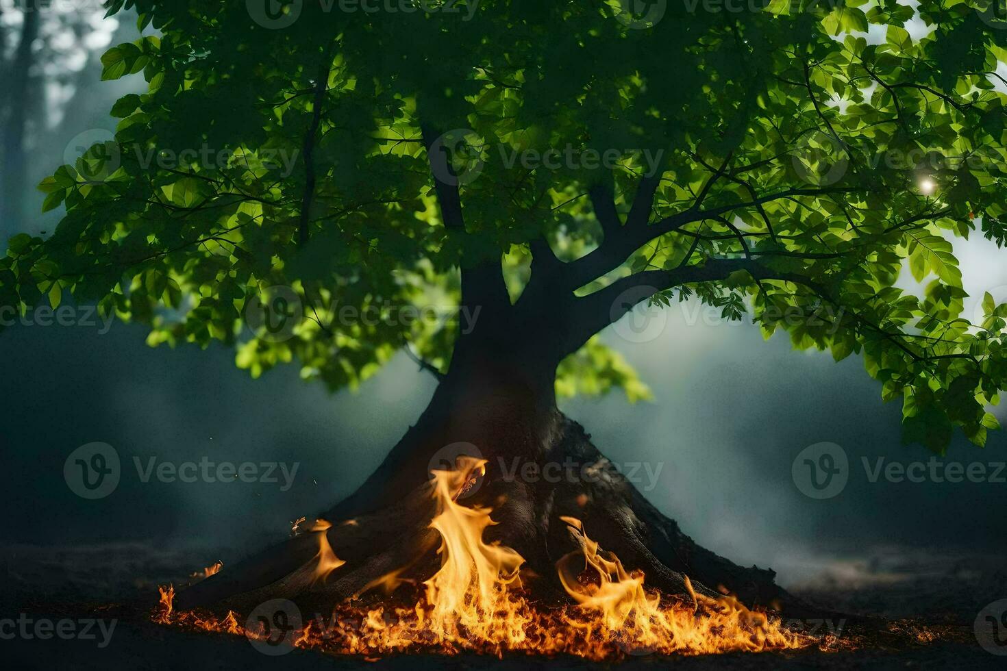 a tree with flames coming out of it in the dark. AI-Generated photo