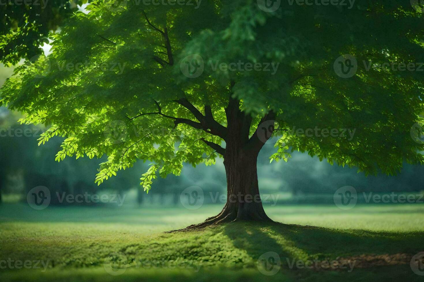 a tree is standing in the middle of a field. AI-Generated photo